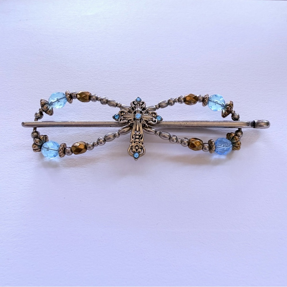 Intricate Lilla Rose Size Large Metal Hair Clip with Teal Beads and Cross